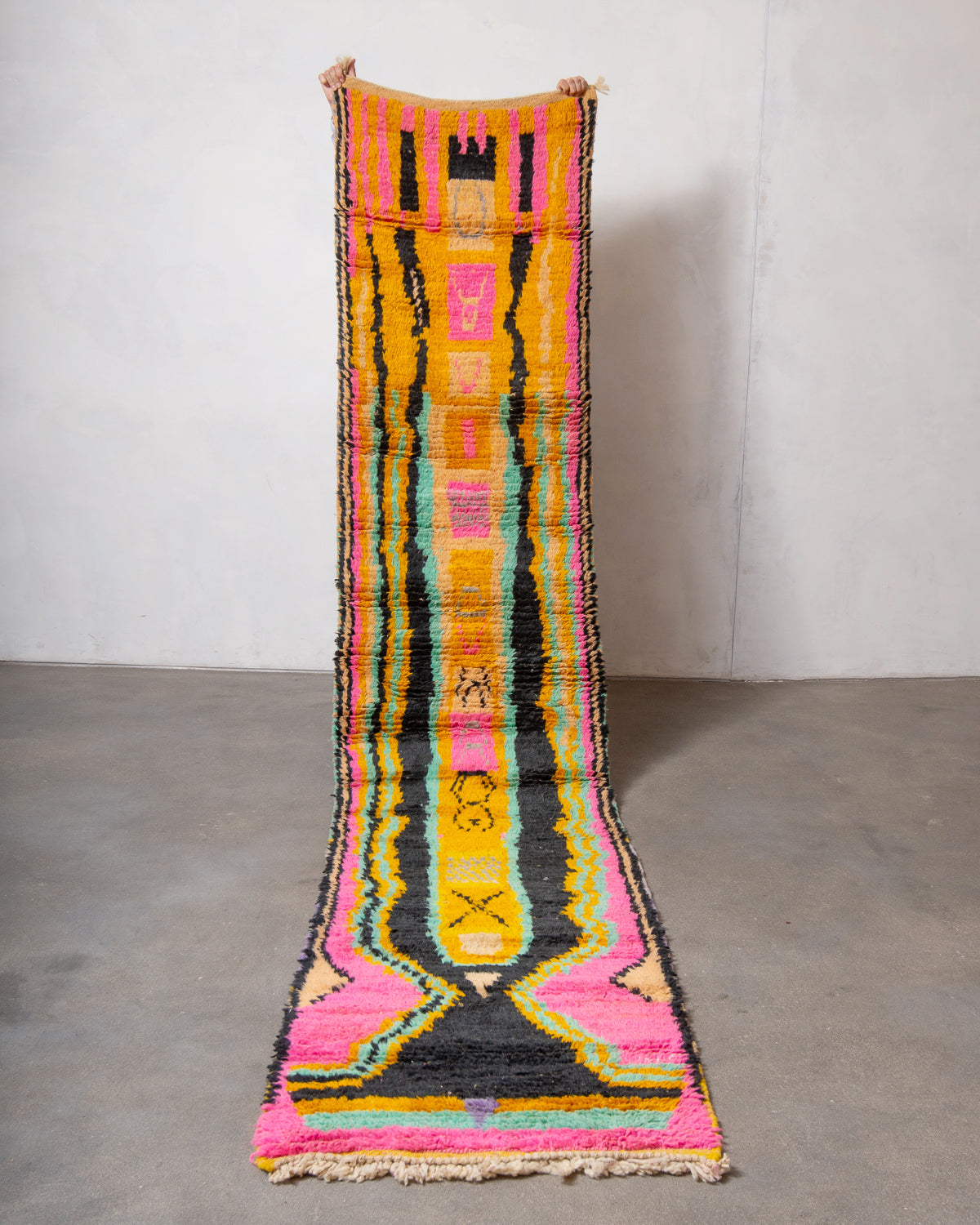 Modern, designer, handcrafted Berber runner rug from Morocco. Vintage carpet with beautiful colours and patterns and fluffy texture.